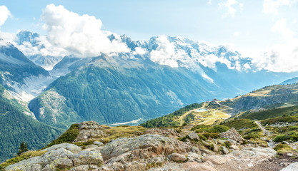 Fototapeta na wymiar Views over Chamonix and Mont Blanc in Auvergne-Rhône-Alpes in France