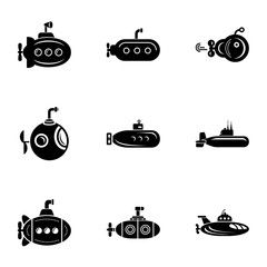 Submarine cruiser icons set. Simple set of 9 submarine cruiser vector icons for web isolated on white background