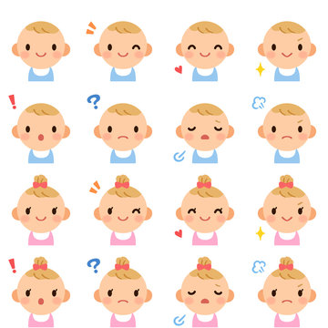 Isolated set of cute baby boy & girl flat avatar expressions	