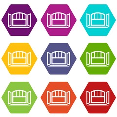 Open semicircular window frame icons 9 set coloful isolated on white for web