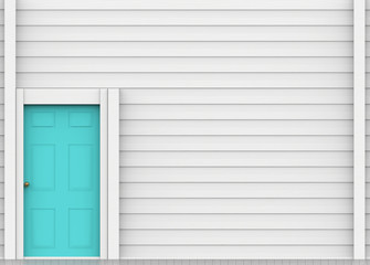 3d rendering. Light blue door with white wood panels wall background.