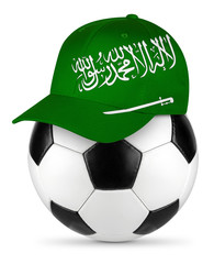 Classic black white leather soccer ball with saudi arabia arabian flag baseball fan cap isolated background sport football concept