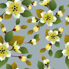 Vector seamless spring background with white and pink flowers with green and yellow leaves