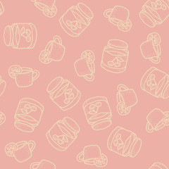 Seamless vector pattern with tea and cherry jam i on pink for craft, wrapping, textile, ceramic