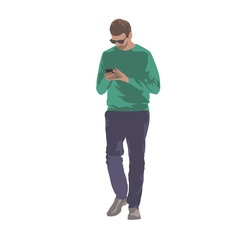 Man walking with cell phone in hands and texting. Isolated vector illustration