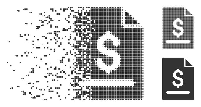 Fractured invoice page pixel icon with disintegration effect. Halftone pixelated and undamaged entire grey versions are included. Rectangle fragments are grouped into dispersed invoice page figure.