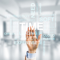 Concept of modern business with palm choocing on of keywords for success