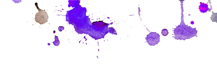 Purple watercolor splashes and blots on white background. Ink painting. Hand drawn illustration. Abstract watercolor artwork.