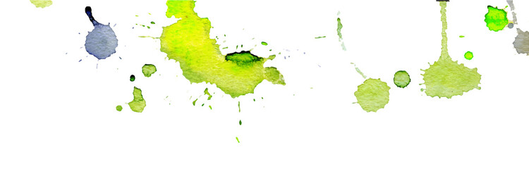 Fototapeta premium Bright yellow green watercolor splashes and blots on white background. Ink painting. Hand drawn illustration. Abstract watercolor artwork.