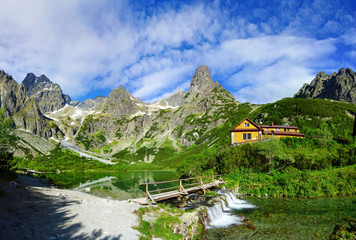 Zelene pleso lake in Tatra mountains with beautiful bridge over waterfall - idyllic summer, Slovakia © Jan
