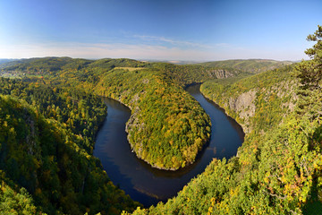 Czech landmark Maj in autumn colors, Vltava river canyon, Czech republic
