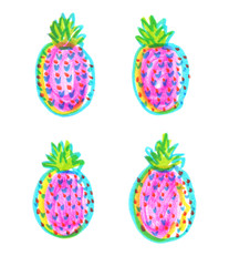 Set of four bright pink pineapples painted in highlighter felt tip pen on clean white background
