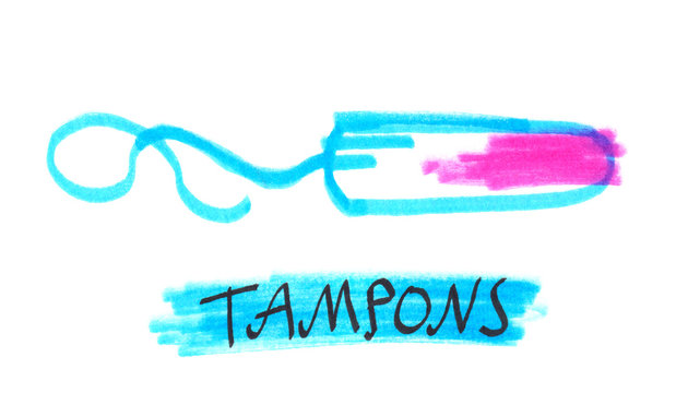 Illustration of an abstract tampon. Hygienic product painted in bright blue and pink highlighter felt tip pen on clean white background
