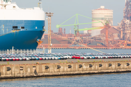 Industrial scene background. Landscape of industry at port. General cargo ship