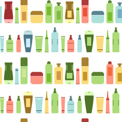 Beauty products colorful cosmetic bottles and tubes on white seamless pattern, vector