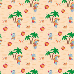Fototapeta na wymiar Children’s seamless pattern with fun hippos on vacation. Vector background in cartoon style.