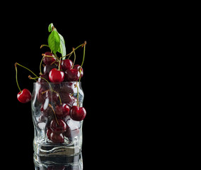 A bunch of fresh red cherries in a glass, isolated on a black background with a reflection on the ground.
