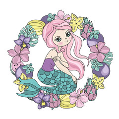 Sea Ocean Tropical Summer Vector Colorful Illustration MERMAID FRUITS art projects, prints, T-shirts, posters, bags, scrapbooking, cardmaking, planner stickers, postcards, invitations, fabrics