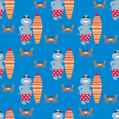Children’s seamless pattern with fun hippos on vacation. Vector background in cartoon style.