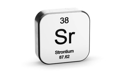 Strontium element symbol from the periodic table on white metallic rounded square icon 3D animation