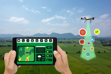 iot, smart agriculture in the futuristic concept, the farmer use drone and tablet with augmented...