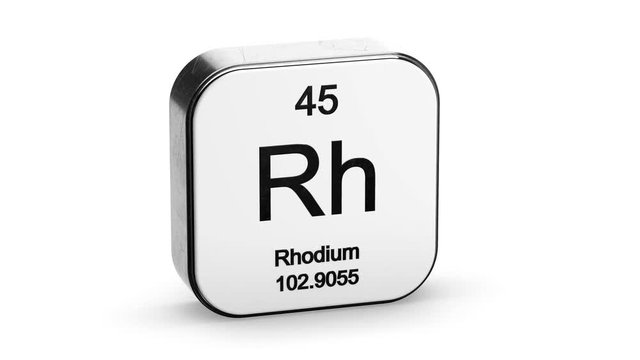 Rhodium element symbol from the periodic table on white metallic rounded square icon 3D animation
