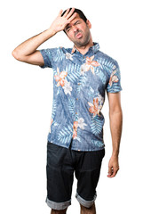 Fototapeta premium Handsome man with flower shirt with fever on isolated white background
