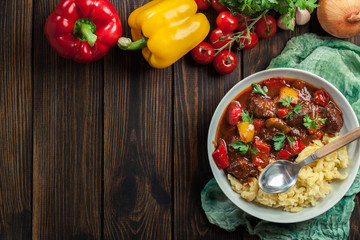 Hungarian beef goulash serwed with galuska noodles