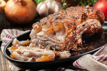 Still hot baked pork belly or bacon