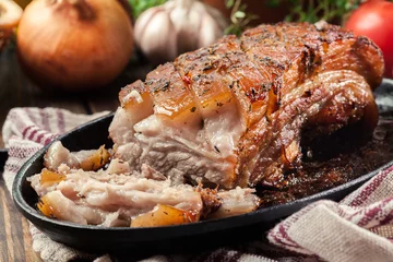 Photo sur Plexiglas Plats de repas Still hot baked pork belly or bacon