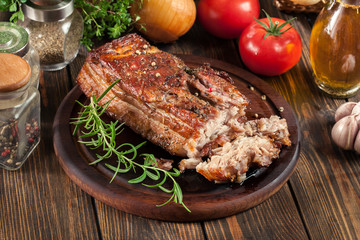 Still hot baked pork belly or bacon