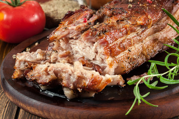 Still hot baked pork belly or bacon
