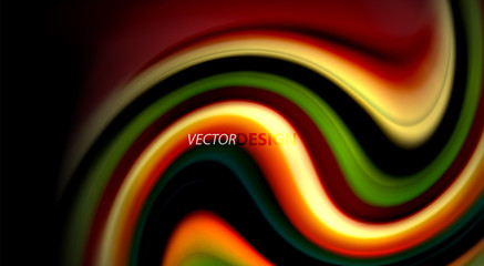Fluid rainbow colors on black background, vector wave lines and swirls