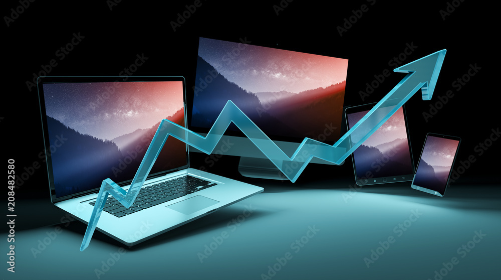 Poster blue arrow in front of modern tech devices 3d rendering
