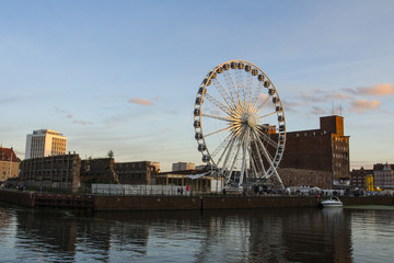 Ferris wheel on the island at sunset in the Gdansk Poland