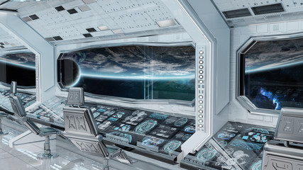 White clean spaceship interior with view on planet Earth 3D rendering © sdecoret