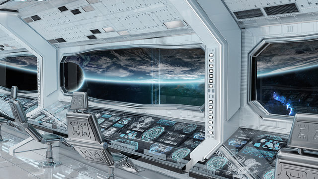 White clean spaceship interior with view on planet Earth 3D rendering