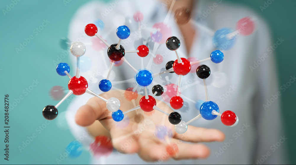 Aufkleber Businesswoman using modern molecule structure 3D rendering