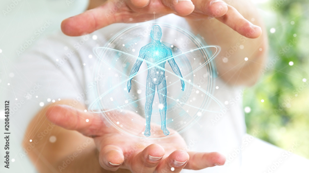 Poster Businessman using digital x-ray human body scan interface 3D rendering