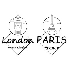 World famous landmark collection : Big Ben London, England and sketch of Paris, Eiffel Tower. Vector illustration