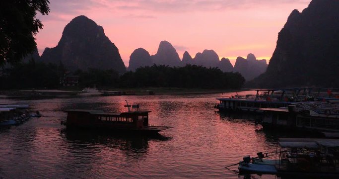 Sunset at Li River, Xingping, Guilin, China. Xingping is a town in North Guangxi, China