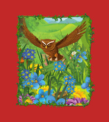 cartoon scene with beautiful bird on the meadow - owl - illustration for children