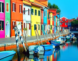 Fototapeta na wymiar island of Burano near Venice photographed with the technique of long exposure with vivid colors