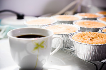 Closeup bakery bread cupcake and coffee brunch breakfast