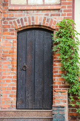 Exterior Rusty black wooden door of ancient cathedral. Green ivy grows on old-fashioned brick classic wall