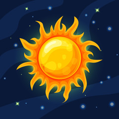 Vector yellow and orange sun in deep dark blue space with cartoon prominence and glow. Flat modern style. Sun in space, vector illustration, with starry sky