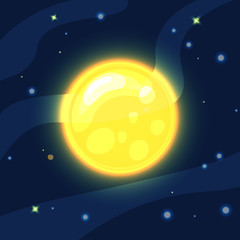 Fototapeta premium Vector yellow and orange sun in deep dark blue space with cartoon prominence and glow. Flat modern style. Sun in space, vector illustration, with starry sky