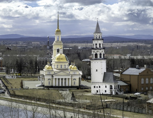 Spaso-Preobrazhensky Cathedral in the city and Nevyansk leaning tower.