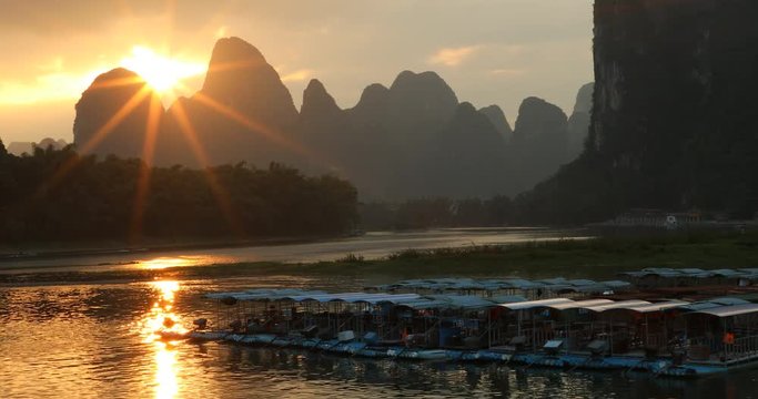 Sunset at Li River, Xingping, Guilin, China. Xingping is a town in North Guangxi, China
