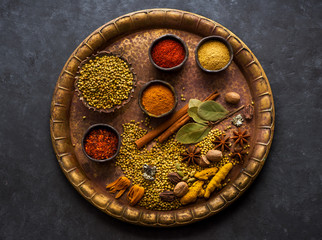 Selection Indian spices, spicy, herbs and seasonings on a metal tray, top view